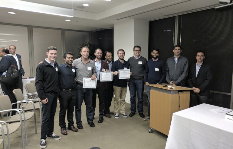 1st place Engage3 winners (Ken Ouimet and Edris Bemanian), 2nd place winners from PocketPoints Mitch Gardner and Rob Richardson), 3rd place winner Ken Kruszka from SnapCheck and venture capitalist judges John Dougery, Arjun Chopra, Ankur Jain, and Lokesh Sikaria.